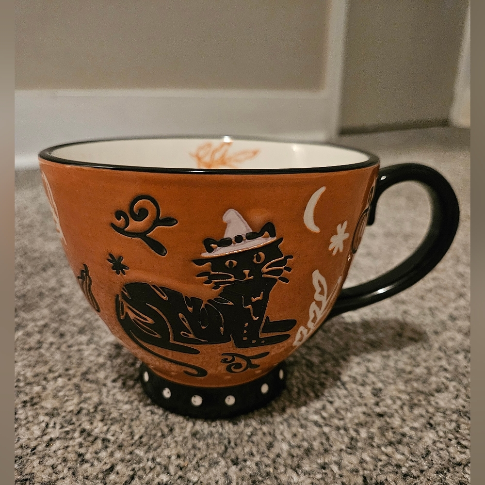 Vintage Style Black Cat Witch Hat Halloween Mug Orange Cup